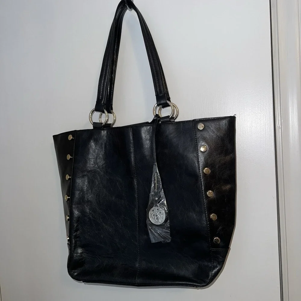 Tommy Bahama Black Leather Studded Snap Close Tote Bag Purse